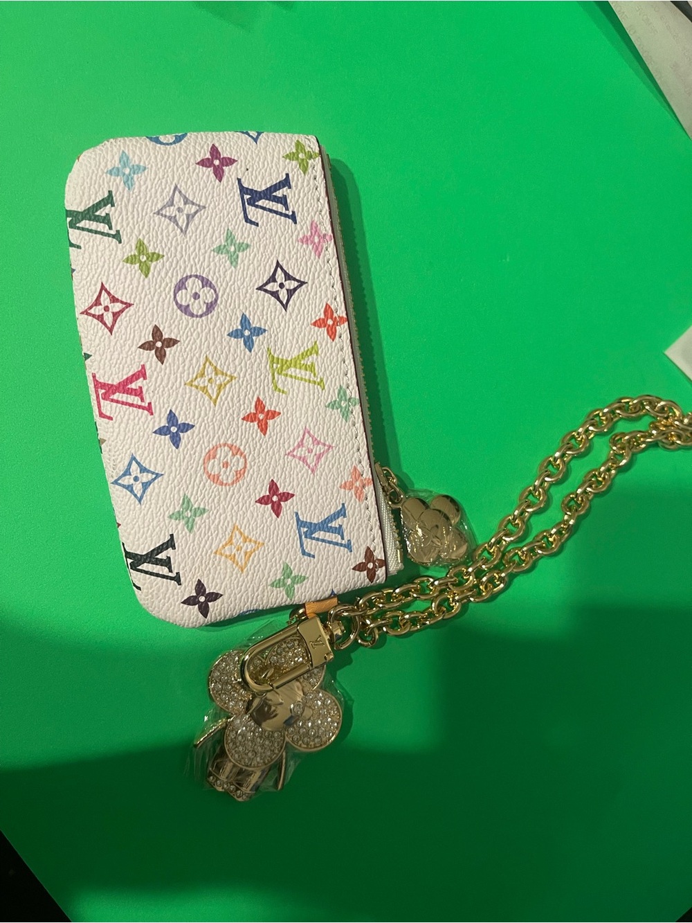 White Multicolor Monogram Chain credit card or Coins Pouch